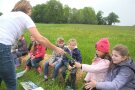 Kinder sitzen im Halbkreis auf Strohballen auf einer Wiese, eine Landwirtin erklärt etwas